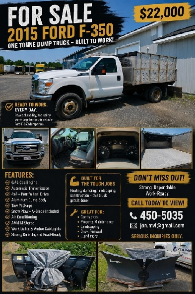 2015 Ford F-350 4x4 One-Ton Dump Truck – $22,000